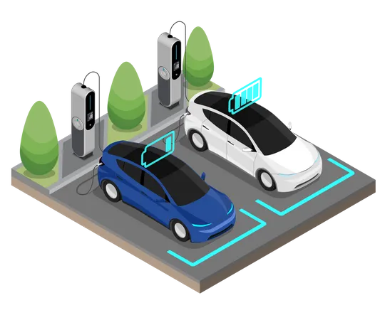 Two EV Electric Car Stop At Charging Station Ecology Cut Inside Show Battery Concept Isometric Isolated Vector Illustration