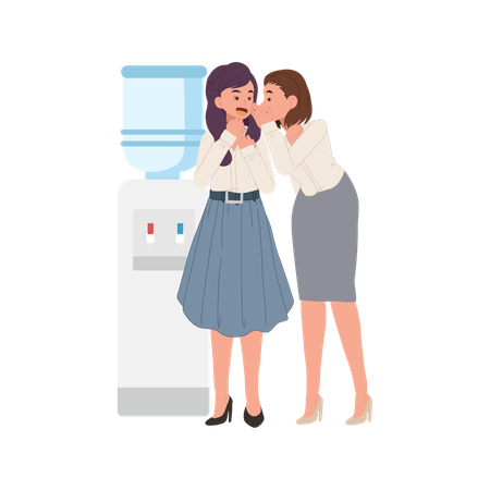 Two female coworkers whispering near water cooler  Illustration
