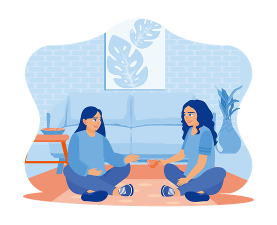 Two female friends are sitting on a sofa on the living room floor  Illustration