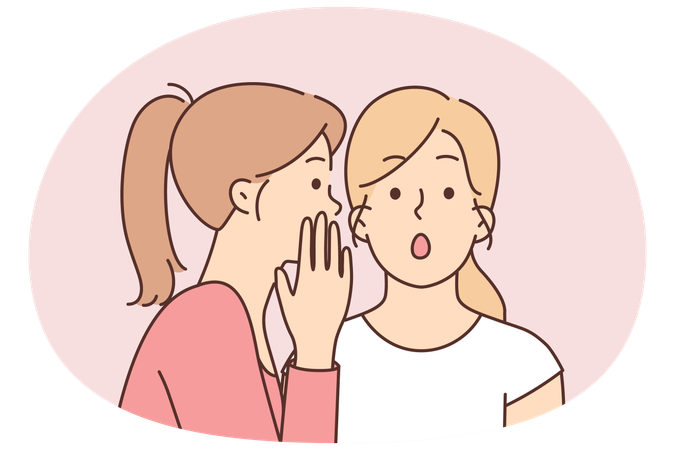 2人の女性の友人が耳元で秘密を話し、職場の同僚の行動について話し合う  イラスト