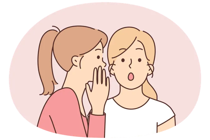 2人の女性の友人が耳元で秘密を話し、職場の同僚の行動について話し合う  イラスト
