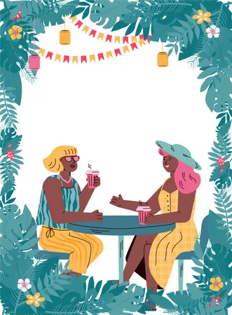Two female friends relaxing on summer vacation  Illustration