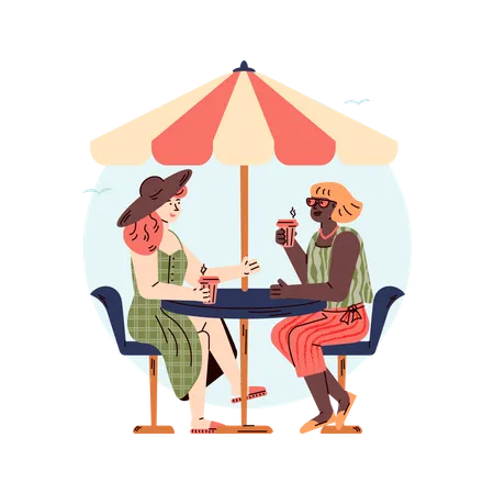 Two female friends relaxing on summer vacation  Illustration