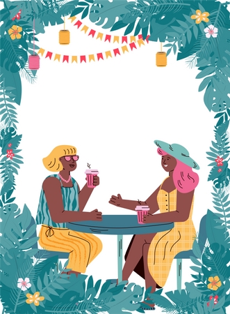 Two female friends relaxing on summer vacation  일러스트레이션