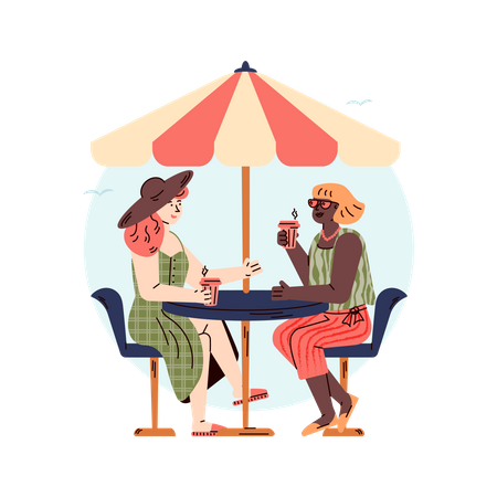 Two female friends relaxing on summer vacation  일러스트레이션