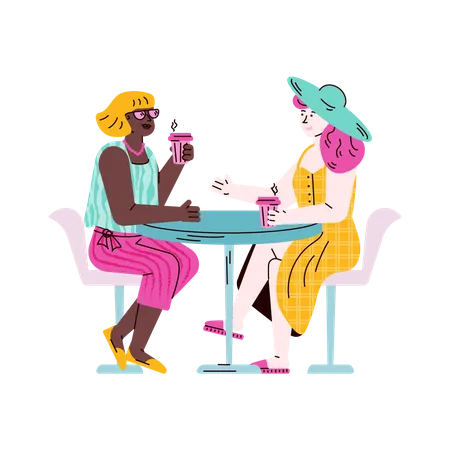 Two female friends sitting at table drinking coffee and talking Illustration