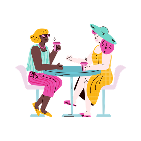 Two female friends sitting at table drinking coffee and talking  Illustration