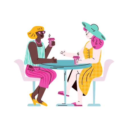 Two female friends sitting at table drinking coffee and talking  Illustration