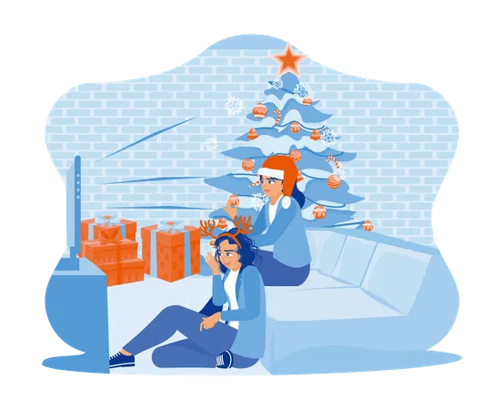 Two female friends sitting together near the Christmas tree  Illustration