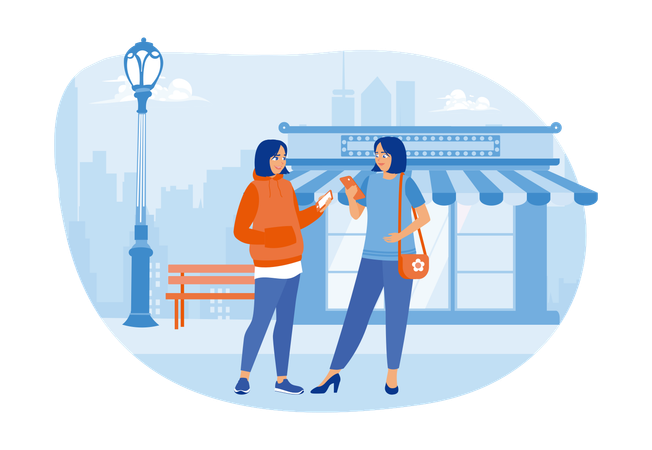 Two female friends walking together on a city street  Illustration