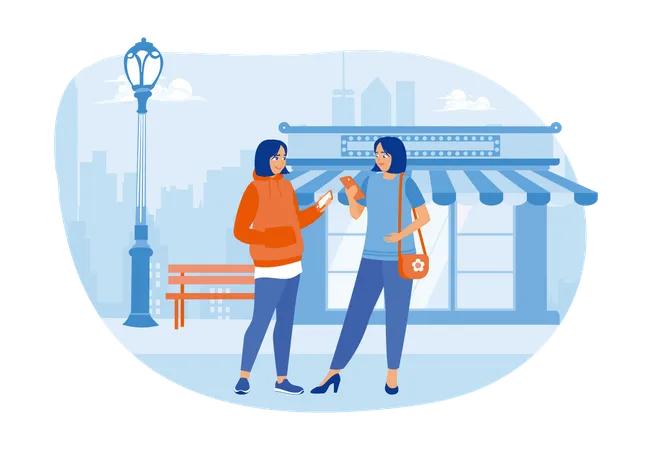Two female friends walking together on a city street  Illustration
