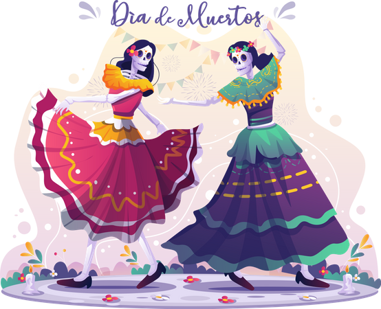 Two female skull dancers dancing together celebrating Day Of Dead  Illustration