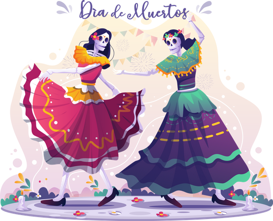 Two female skull dancers dancing together celebrating Day Of Dead  Illustration