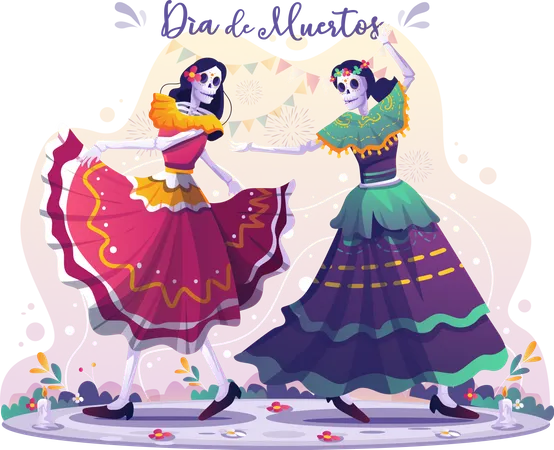 Two female skull dancers dancing together celebrating Day Of Dead  Illustration