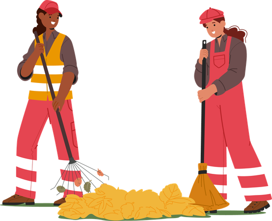 Two Female Workers In Reflective Uniforms Raking And Sweeping Autumn Leaves Into Piles In City Park Environment  Illustration