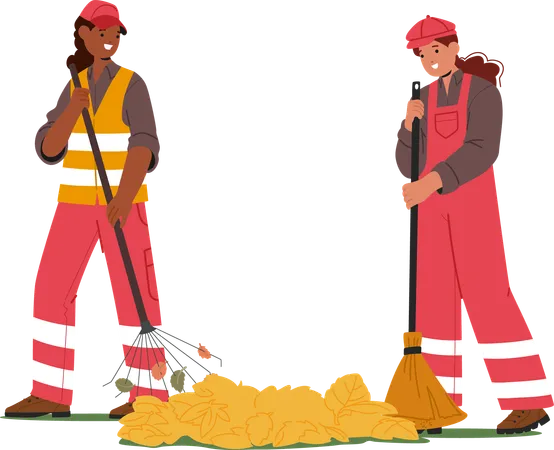 Two Female Workers In Reflective Uniforms Raking And Sweeping Autumn Leaves Into Piles In City Park Environment  Illustration