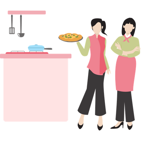 Two females chefs making pizza Illustration