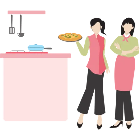 Two females chefs making pizza Illustration