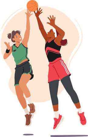 Two Fierce Basketball Player Girls Engage In A Spirited Struggle For The Ball  イラスト