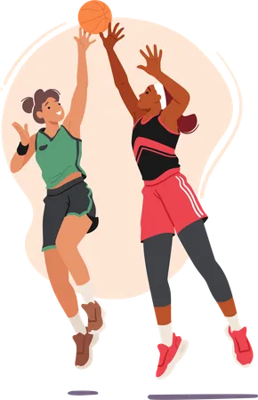 Two Fierce Basketball Player Girls Engage In A Spirited Struggle For The Ball Showcasing Determination And Athleticism In The Intense Competition On The Court Cartoon People Vector Illustration Illustration