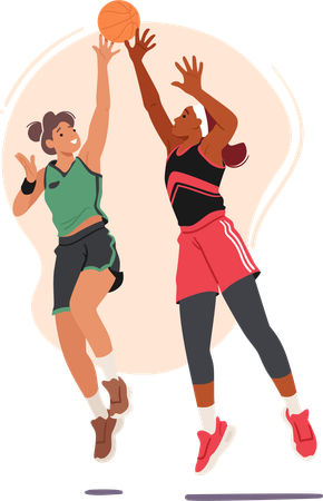 Two Fierce Basketball Player Girls Engage In A Spirited Struggle For The Ball  Illustration