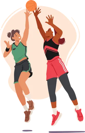 Two Fierce Basketball Player Girls Engage In A Spirited Struggle For The Ball  Illustration