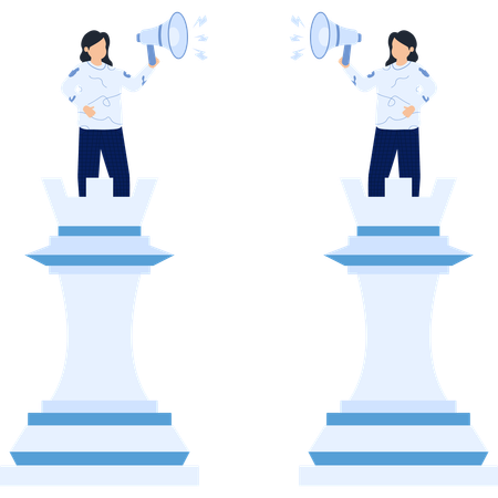 Two Figures on Chess Pieces Holding Megaphones Communication  Illustration