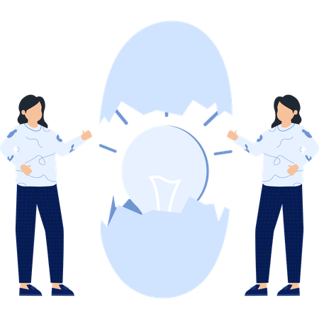 Two Figures with an Eggshell and a Lightbulb  Illustration