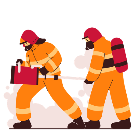 Two firemen closing fire using a large water pipe  Illustration