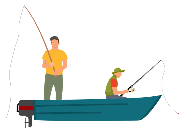 Two Fishermen With Fishing Rods On Blue Motor Boat Cartoon Vector Illustration Bright Clothed Standing And Sitting Men Color Model Fishery Poster Illustration