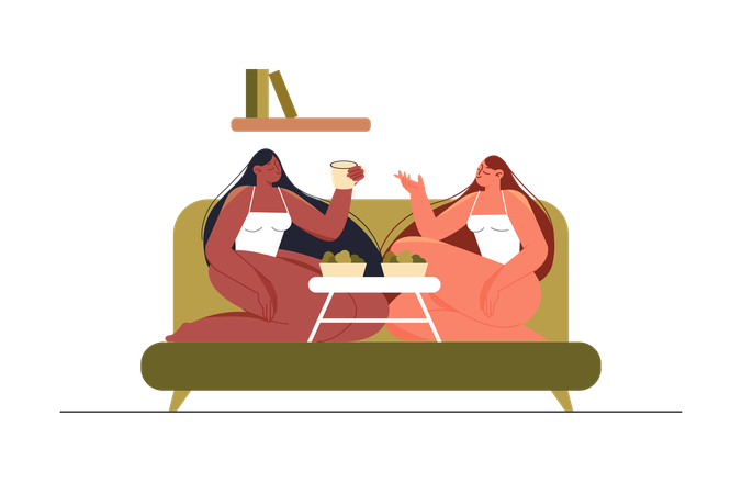 Two friends are having lunch together and talking  Illustration