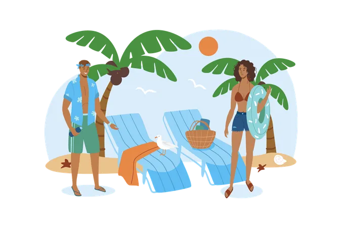 Two friends come to the beach to swim and play games together  Illustration