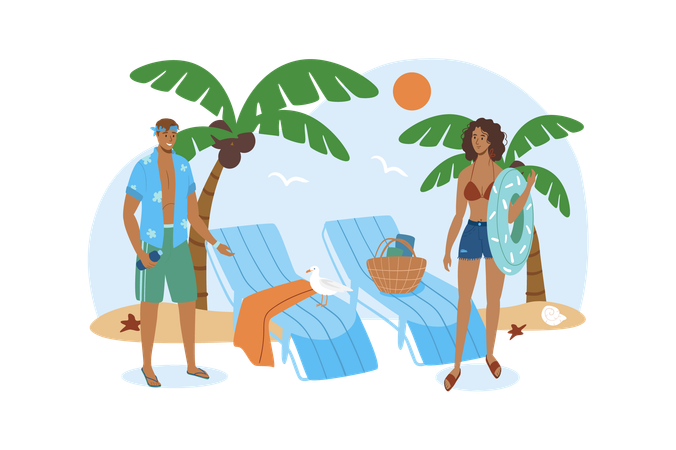 Two friends come to the beach to swim and play games together  Illustration
