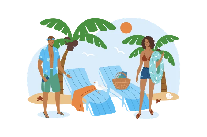Travel Blue Concept With People Scene In The Flat Cartoon Design Two Friends Come To The Beach To Swim And Play Games Together Vector Illustration Illustration