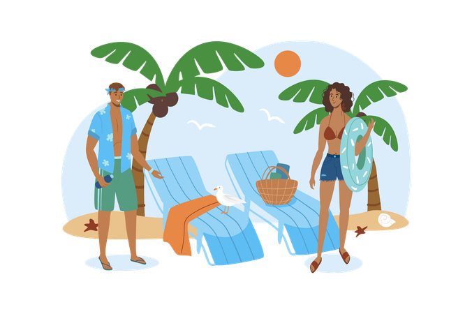 Two friends come to the beach to swim and play games together  일러스트레이션