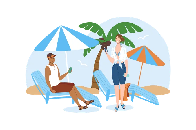 Travel Blue Concept With People Scene In The Flat Cartoon Design Two Friends Decided Go To Rest By The Sea Vector Illustration Illustration