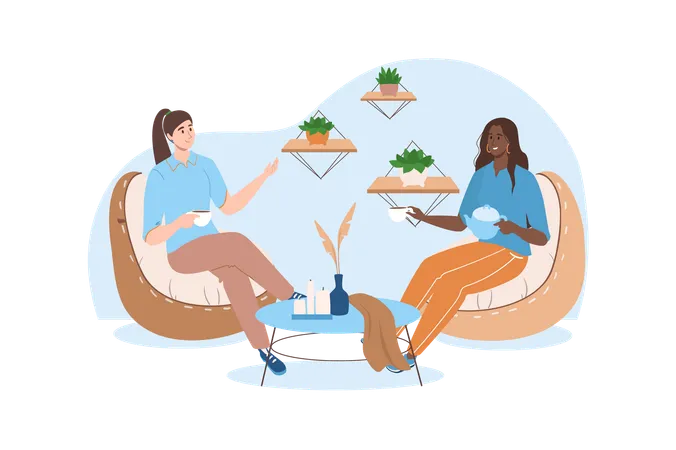 Blue Concept Interior With People Scene In The Flat Cartoon Design Two Friends Decided To Discuss Their Affairs In The Beautiful Living Room Vector Illustration Illustration