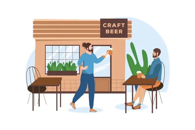 Shop Blue Concept With People Scene In The Flat Cartoon Design Two Friends Decided To Relax After Hard Work Day And Go To Craft Beer Shop Vector Illustration Illustration