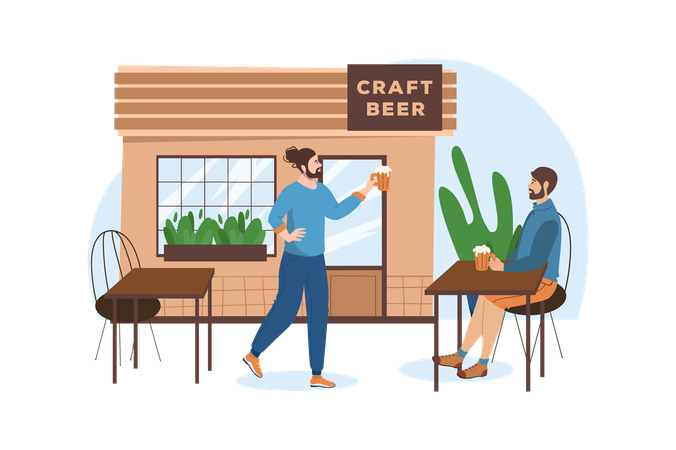Two friends decided to relax after hard work day and go to craft beer shop  イラスト