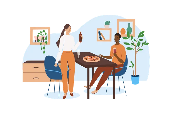 Interior Blue Concept With People Scene In The Flat Cartoon Style Two Friends Decided To Rest And Arranged The Dinner In A Beautiful Kitchen Vector Illustration Illustration