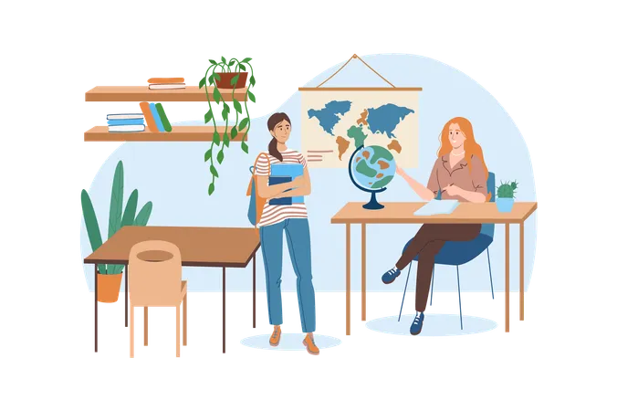 School Blue Concept With People Scene In The Flat Cartoon Style Two Friends Discuss Something Interesting After The Geodesy Lesson Vector Illustration Illustration