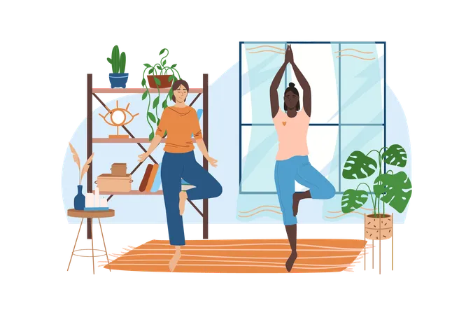 Interior Blue Concept With People Scene In The Flat Cartoon Design Two Friends Do Yoga Exercises In Comfortable Gym With Plants Vector Illustration Illustration
