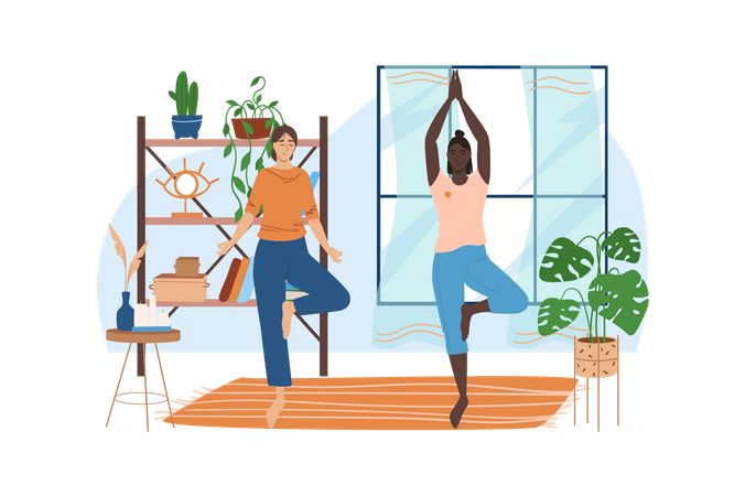 Two friends do yoga exercises in comfortable gym with plants  Illustration