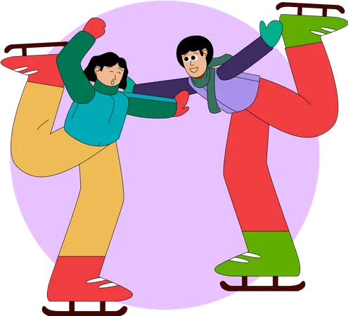Two Friends Enjoy An Exhilarating Ice Skating Session Showcasing Balance And Coordination As They Glide Across The Ice In Colorful Winter Wear Illustration