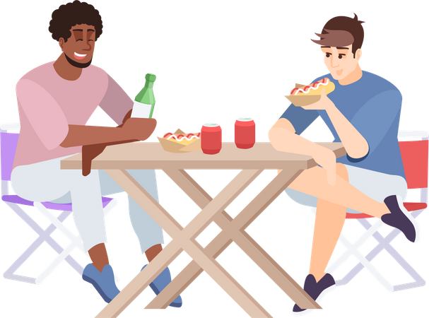 Two friends enjoying lunch at campsite  Illustration