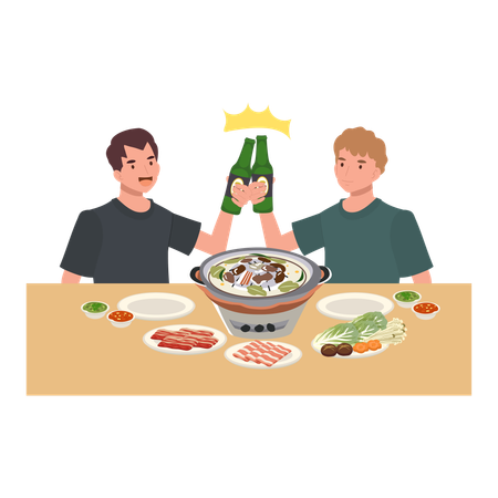 두 친구가 함께 저녁 식사를 하며 맥주와 신선한 고기, 야채, 디핑 소스를 곁들인 태국식 무카타 바비큐를 즐기고 있습니다.  일러스트레이션