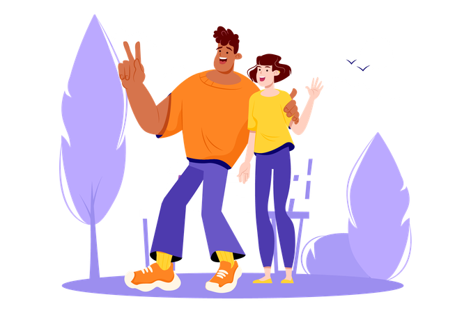 Two friends go for walk in park and have fun together  Illustration