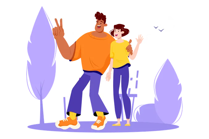 Happy People Standing Together Violet Concept With People Scene In The Flat Cartoon Style Two Friends Decided To Go For A Walk In The Park And Have Fun Together Vector Illustration Illustration