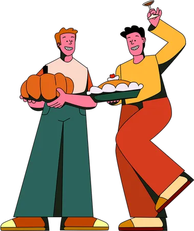 Two Friends Joyfully Exchange Homemade Sweet Treats Showcasing The Sharing Of Festive Delights During Thanksgiving Illustration