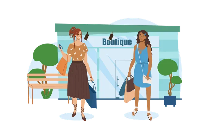 Shop Blue Concept With People Scene In The Flat Cartoon Style Two Friends Left The Clothing Store With Large Packages Vector Illustration Illustration